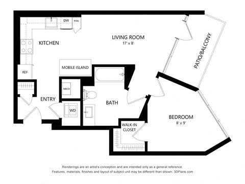 Floor plan for 1 bed, 1 bath, 642 sqft